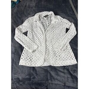 Frank Lyman White Cotton Eyelet Open Front Jacket Blazer Size 8 Canada 23118